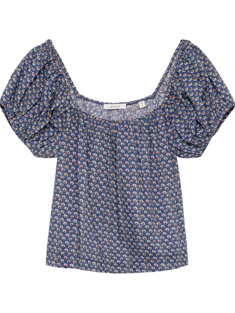 Doen Navy Floral Puff-Sleeve Square Neck Blouse